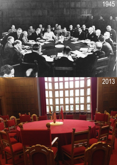 A picture of Potsdam Conference room. In 1945 and today.